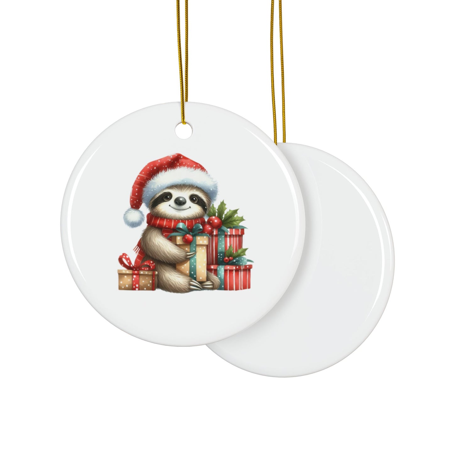 Festive Sloth with Holiday Presents - Unique Ceramic Ornaments (Choose Your Set)