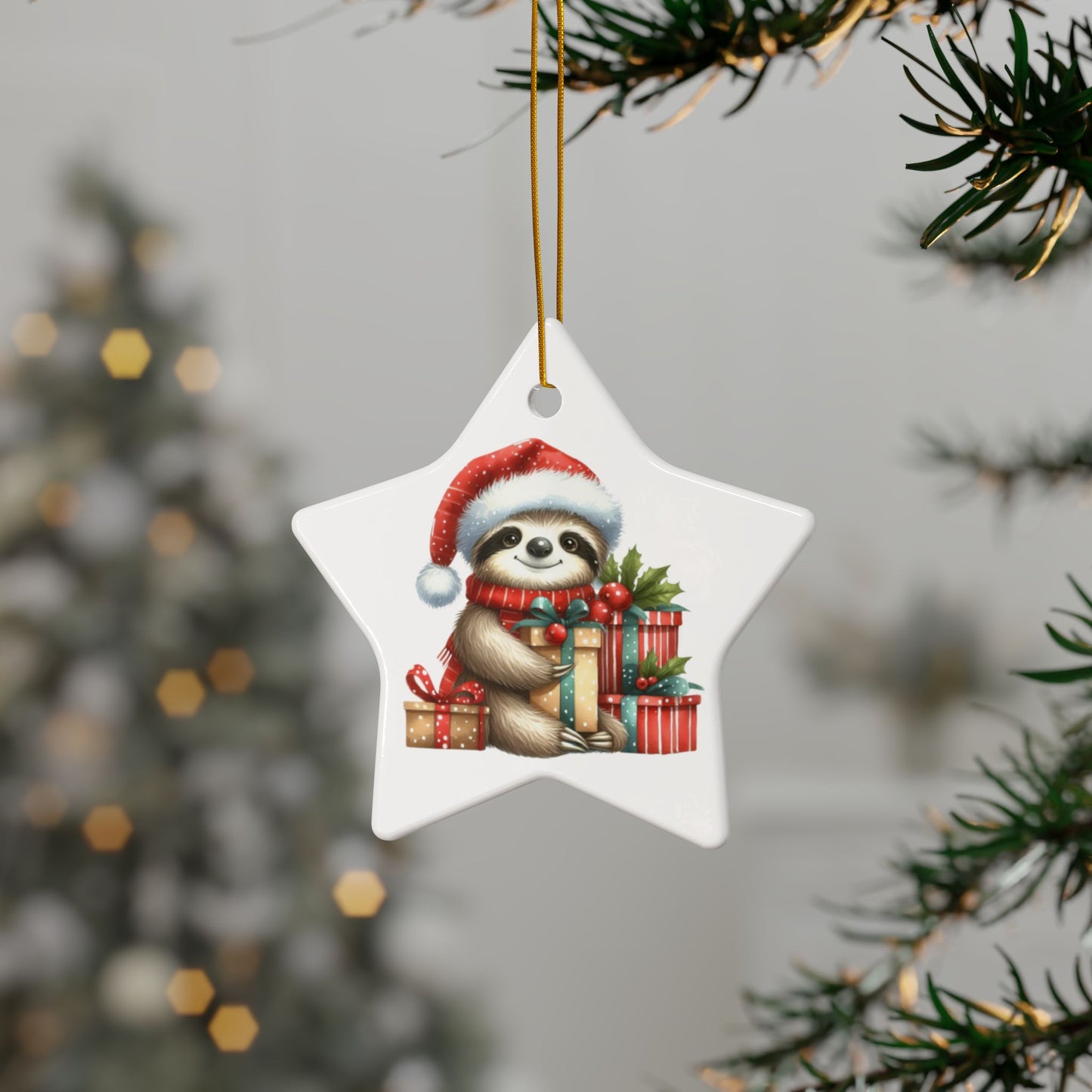 Festive Sloth with Holiday Presents - Unique Ceramic Ornaments (Choose Your Set)