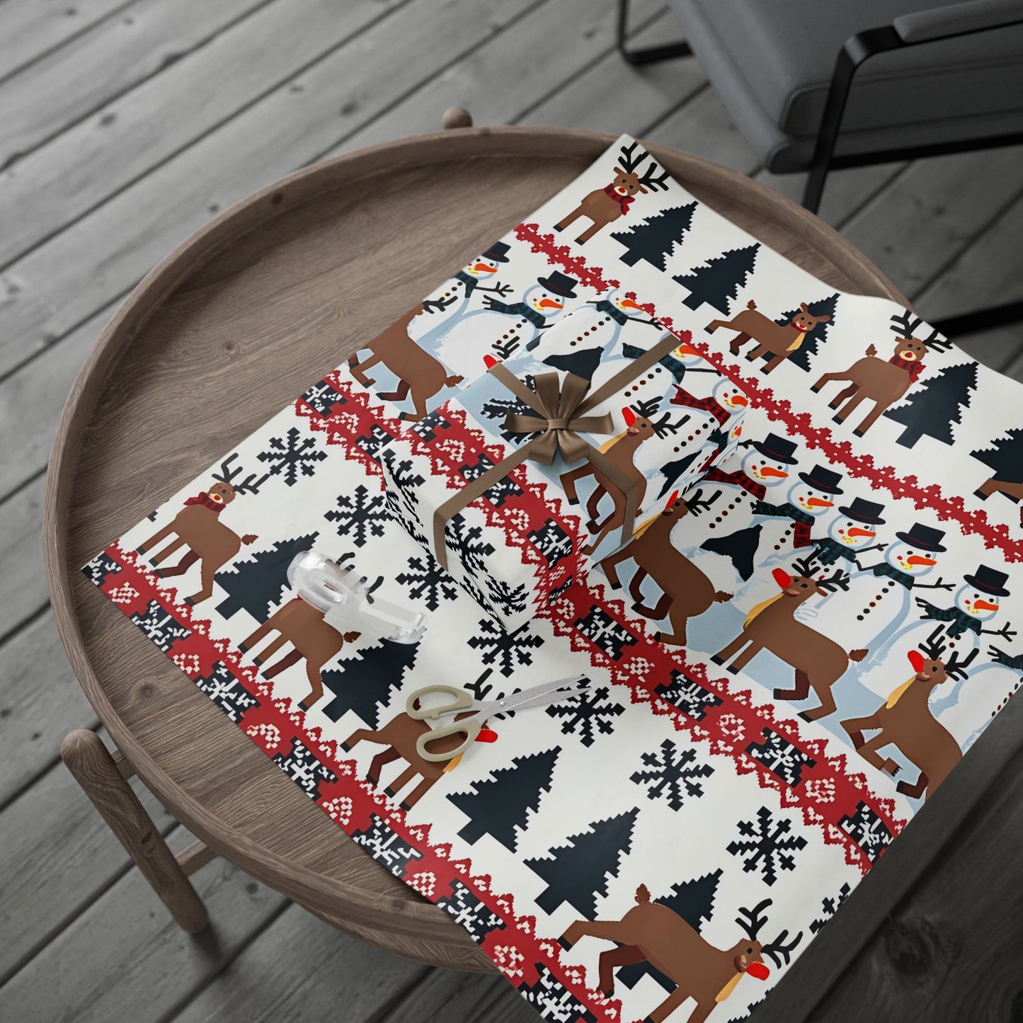 Holiday Wrapping Paper, Festive Pixel Art with Reindeer, Snowmen & Trees, Perfect for Christmas Gift Wrap