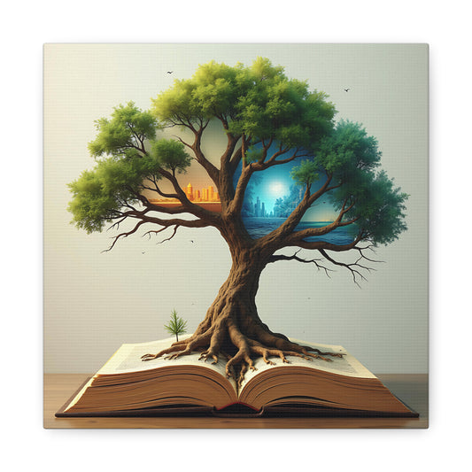 Canvas Art, Meta-Realism Tree of Knowledge Wall Decor, Cityscape, Desert, Forest, Ocean, Earth Tones, Emerald Green, Azure, Terracotta