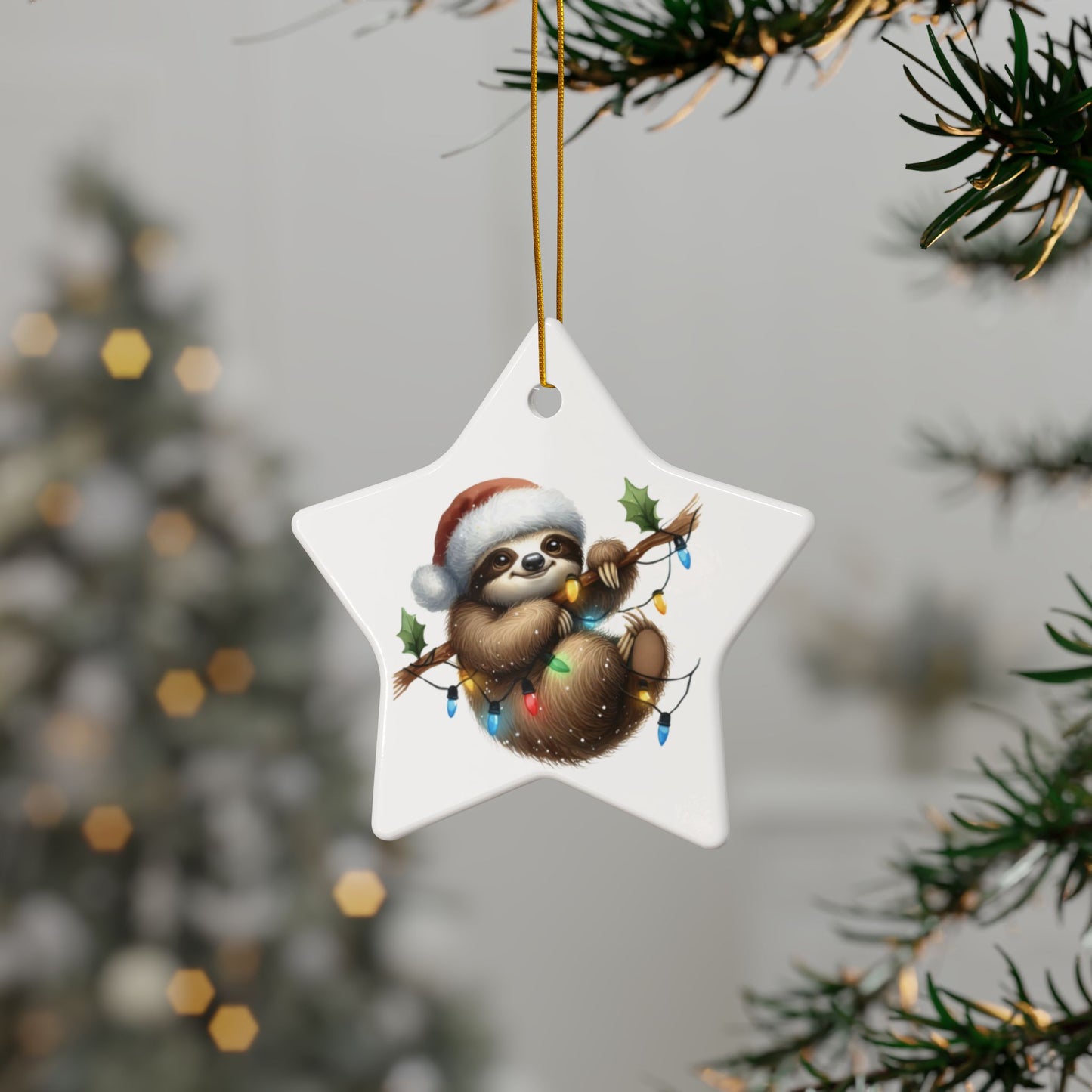 Festive Sloth Hanging with Christmas Lights - Unique Ceramic Ornaments (Choose Your Set)