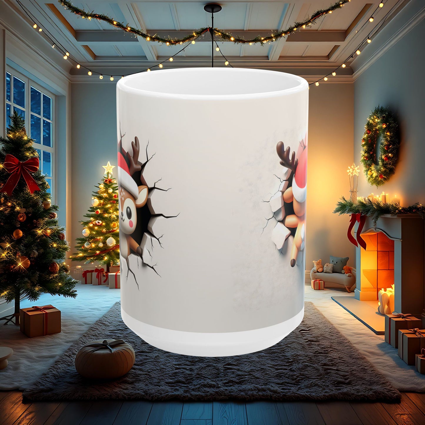 Reindeer Wall Break Ceramic Mug, Christmas Coffee Cup, Holiday Tea Mug, Festive Hot Cocoa Cup, 3D Double Sided Mug