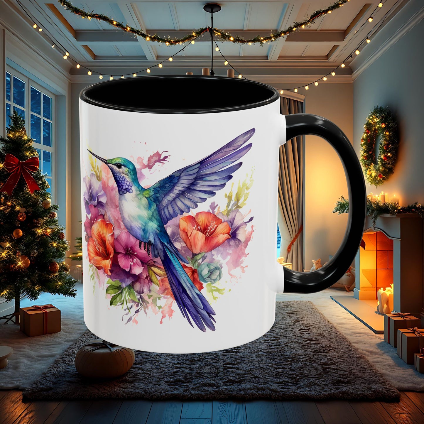 Watercolor Humming Bird Mug, Floral Bird Coffee Cup, Nature Lover Gift, Birdwatcher Mug, Unique Hand Painted Mug, 11oz 15oz Mug