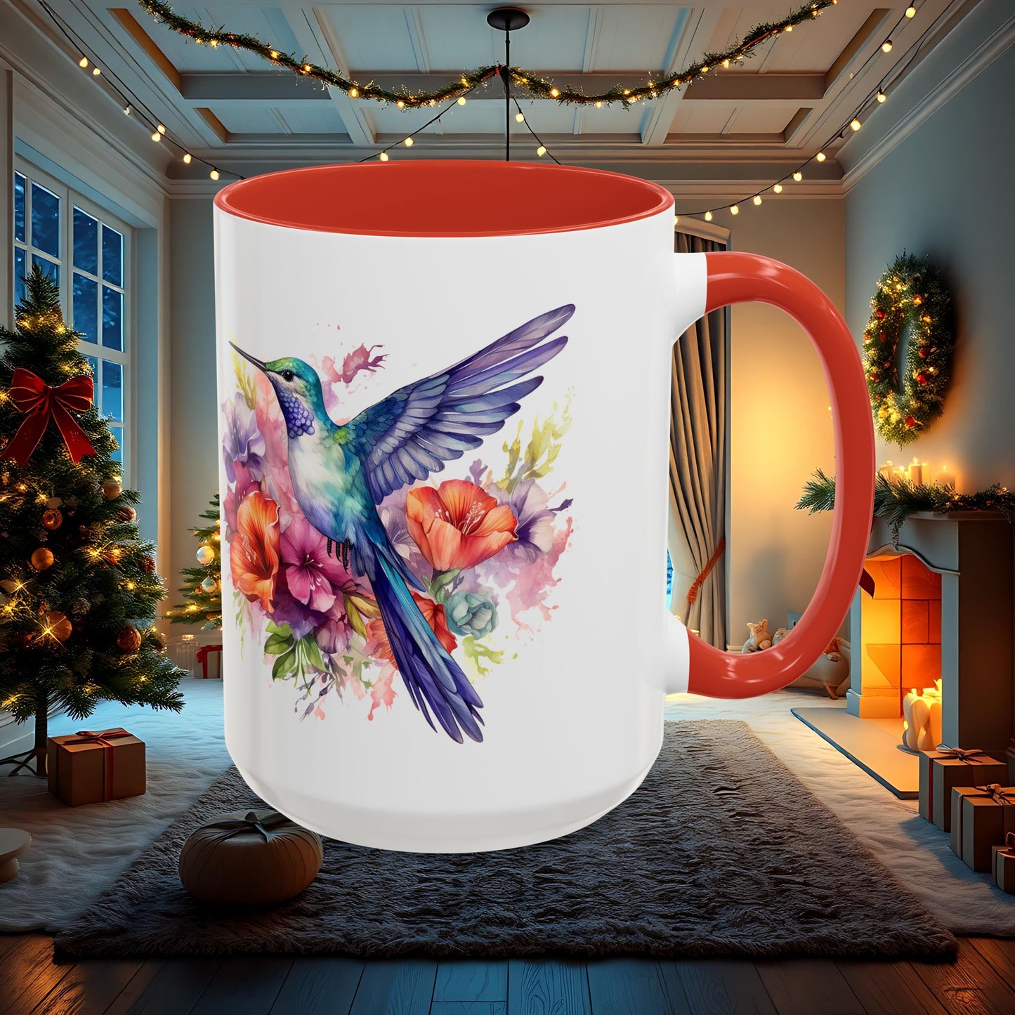 Watercolor Humming Bird Mug, Floral Bird Coffee Cup, Nature Lover Gift, Birdwatcher Mug, Unique Hand Painted Mug, 11oz 15oz Mug