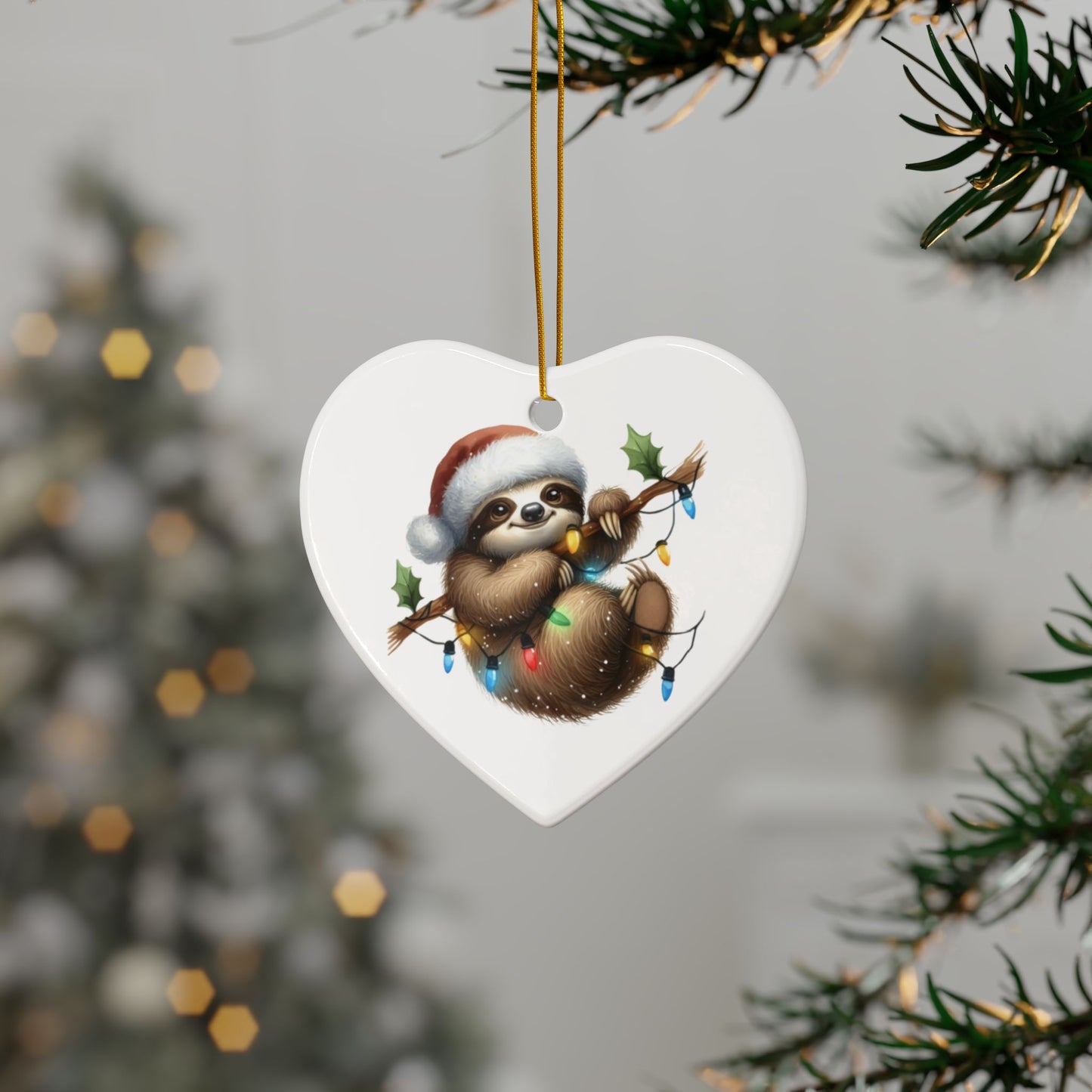 Festive Sloth Hanging with Christmas Lights - Unique Ceramic Ornaments (Choose Your Set)
