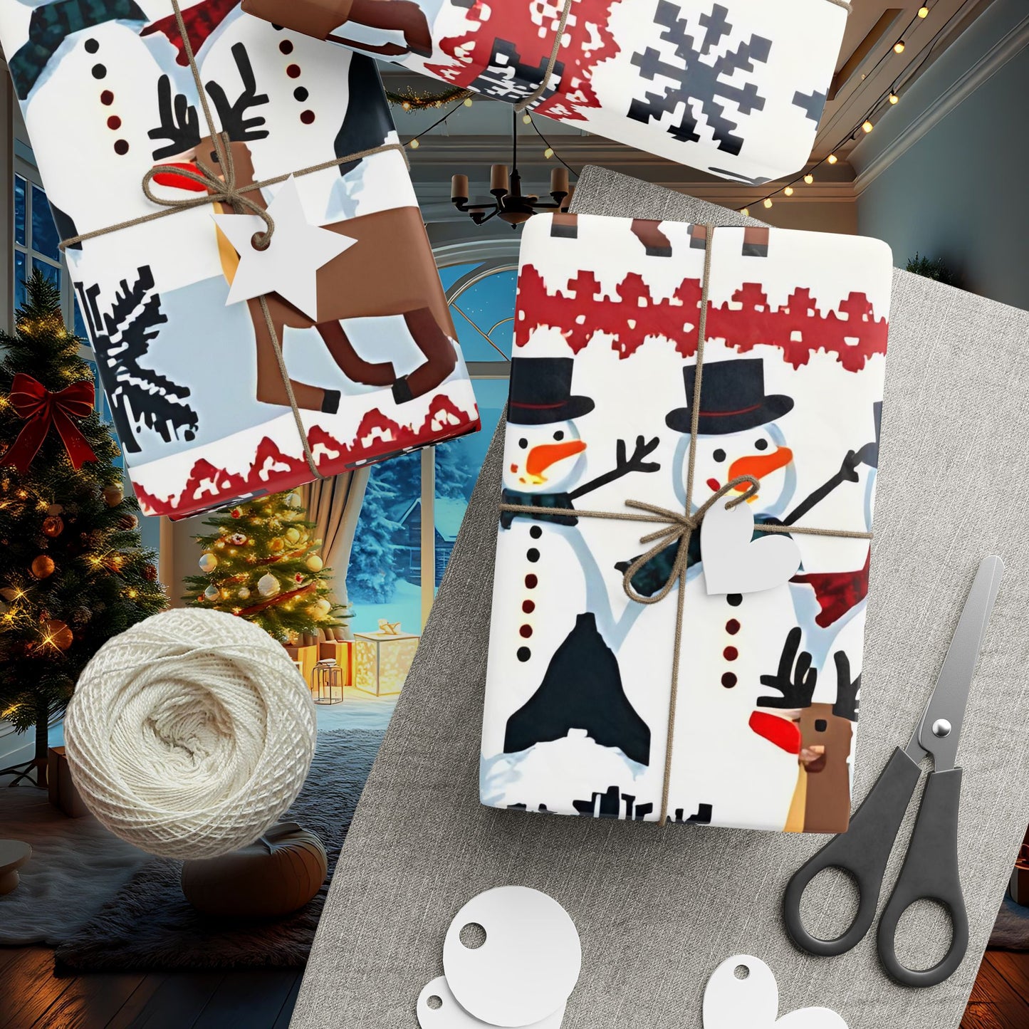 Holiday Wrapping Paper, Festive Pixel Art with Reindeer, Snowmen & Trees, Perfect for Christmas Gift Wrap