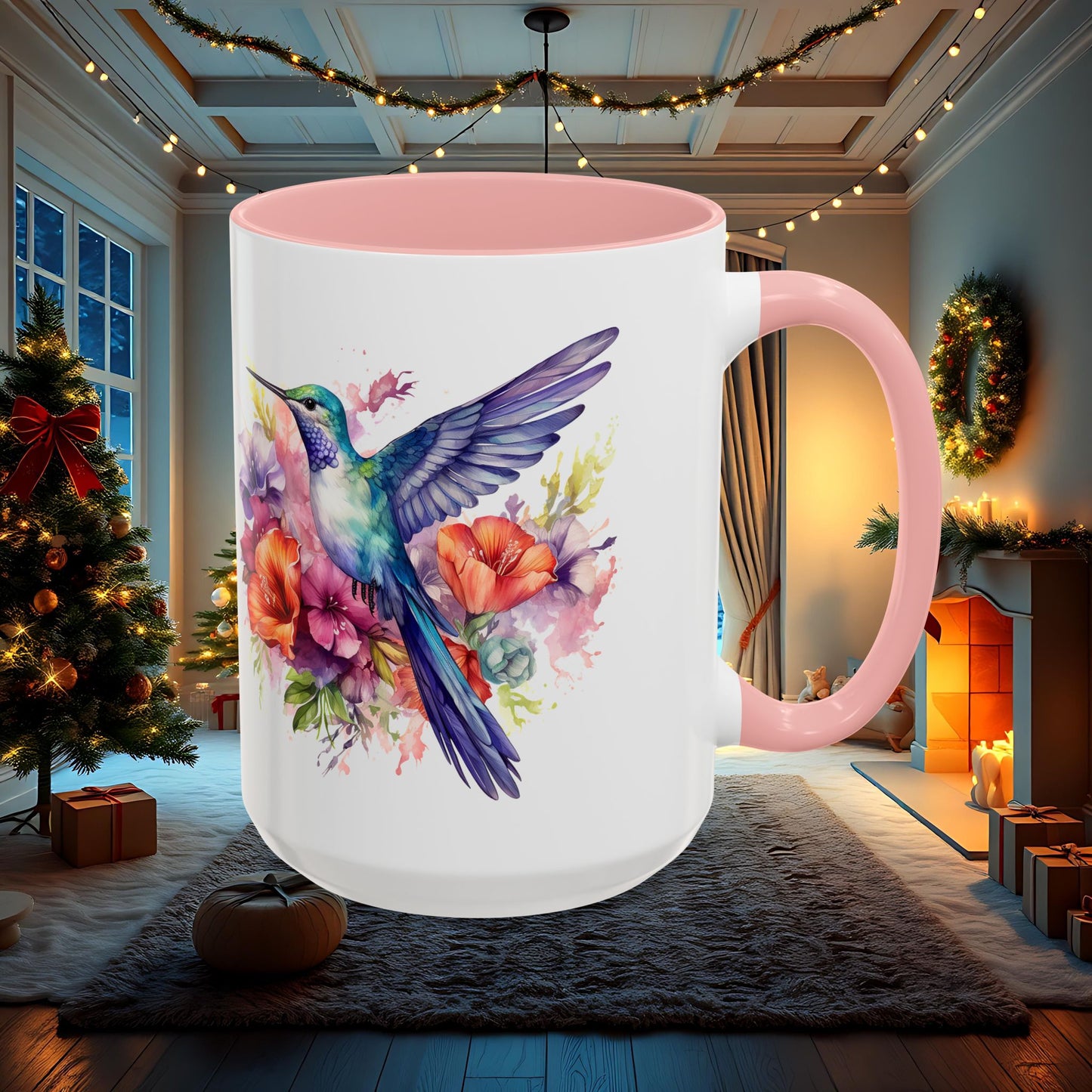 Watercolor Humming Bird Mug, Floral Bird Coffee Cup, Nature Lover Gift, Birdwatcher Mug, Unique Hand Painted Mug, 11oz 15oz Mug