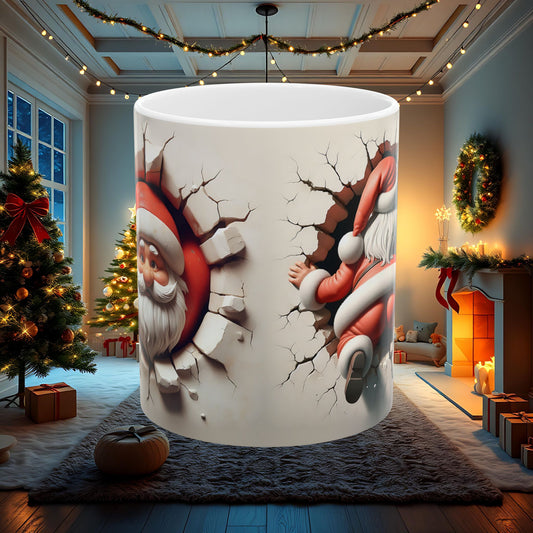 Santa Wall Break Ceramic Mug, 3D Double Sided Christmas Coffee Cup, Gift for Holiday Lovers, Festive Tea Mug, Funny Kitchen Decor, Novelty