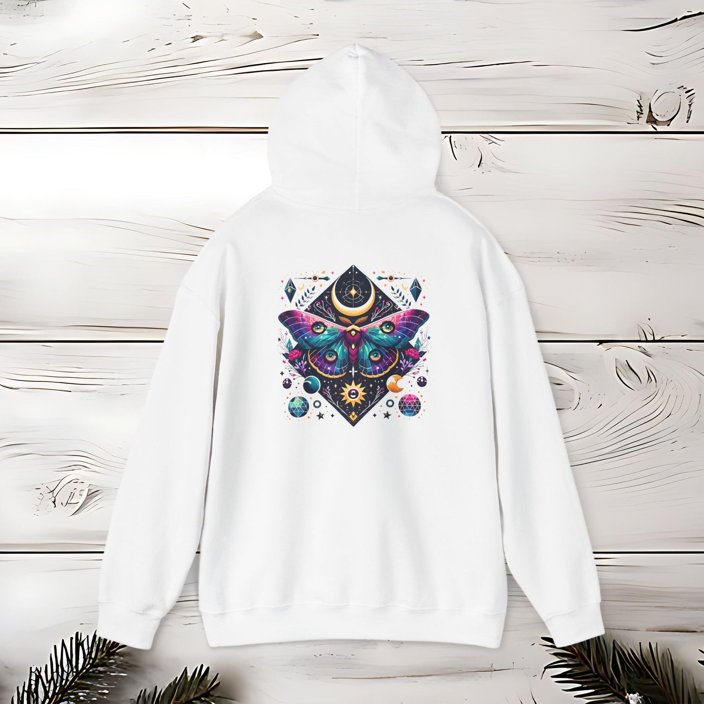 Boho Dreamy Luna Moth Hoodie, Nature Lover Gift, Cozy Pullover, Moth Print Jumper, Hippie Sweatshirt, Festival Clothing