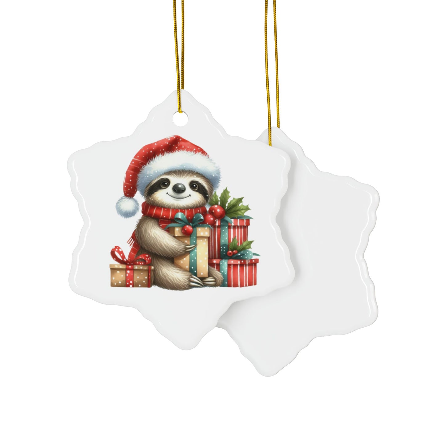 Festive Sloth with Holiday Presents - Unique Ceramic Ornaments (Choose Your Set)