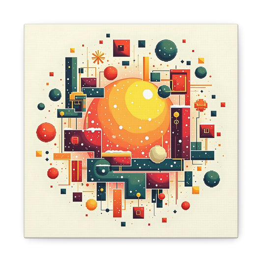 Canvas Print, Pixel Storm Winter Magic Wall Art, Crimson Yellow Green Geometric Snowstorm, Home Decor, Holiday Gift, Office Decoration,