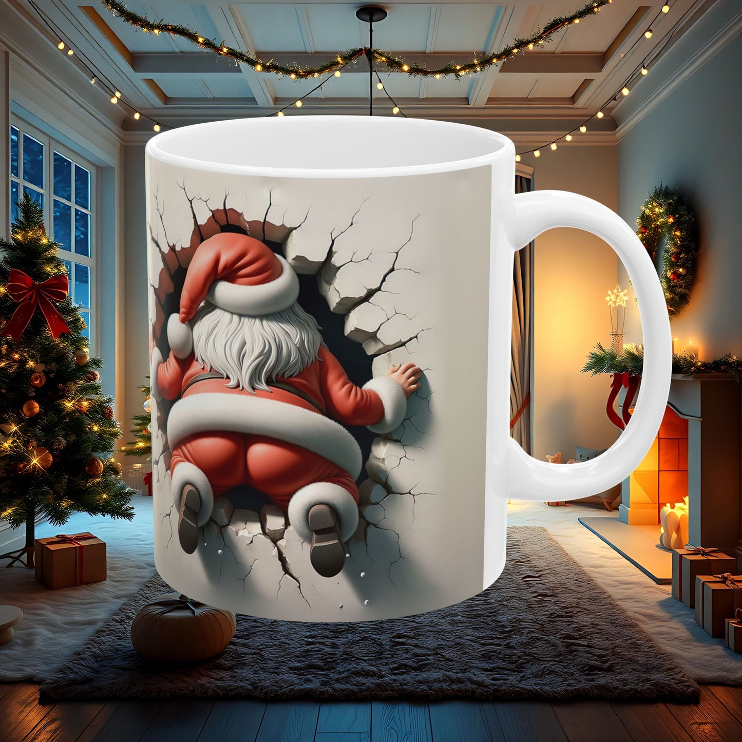 Santa Wall Break Ceramic Mug, 3D Double Sided Christmas Coffee Cup, Gift for Holiday Lovers, Festive Tea Mug, Funny Kitchen Decor, Novelty