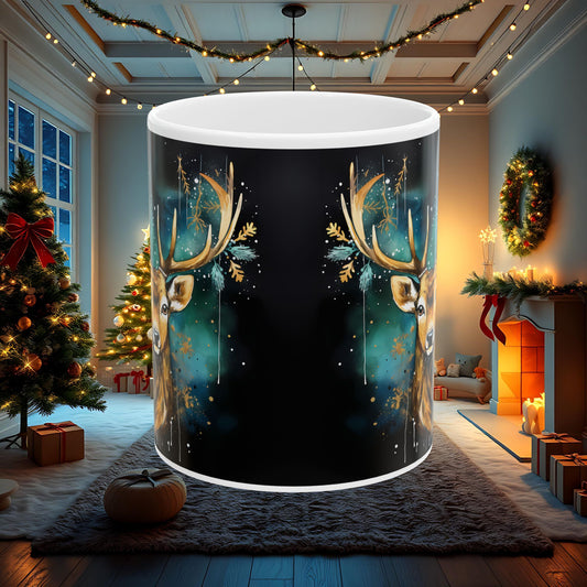 Christmas Buck Ceramic Mug, Festive Holiday Gift, Cute Tea Cup, Winter Theme Coffee Mug, Christmas Decoration Drinkware, Gift for Her, 11oz